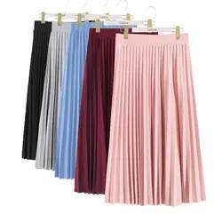 Women Fashion High Waist Pleated Solid Color Ankle Length Skirt All-match chiffon Clothing Lady Casual Stretchy Thicken Skirts