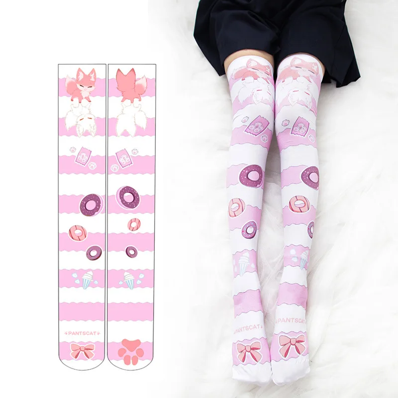 Small donut fox original pink stripes bow Lolita Ranunculus blue printing high socks stockings