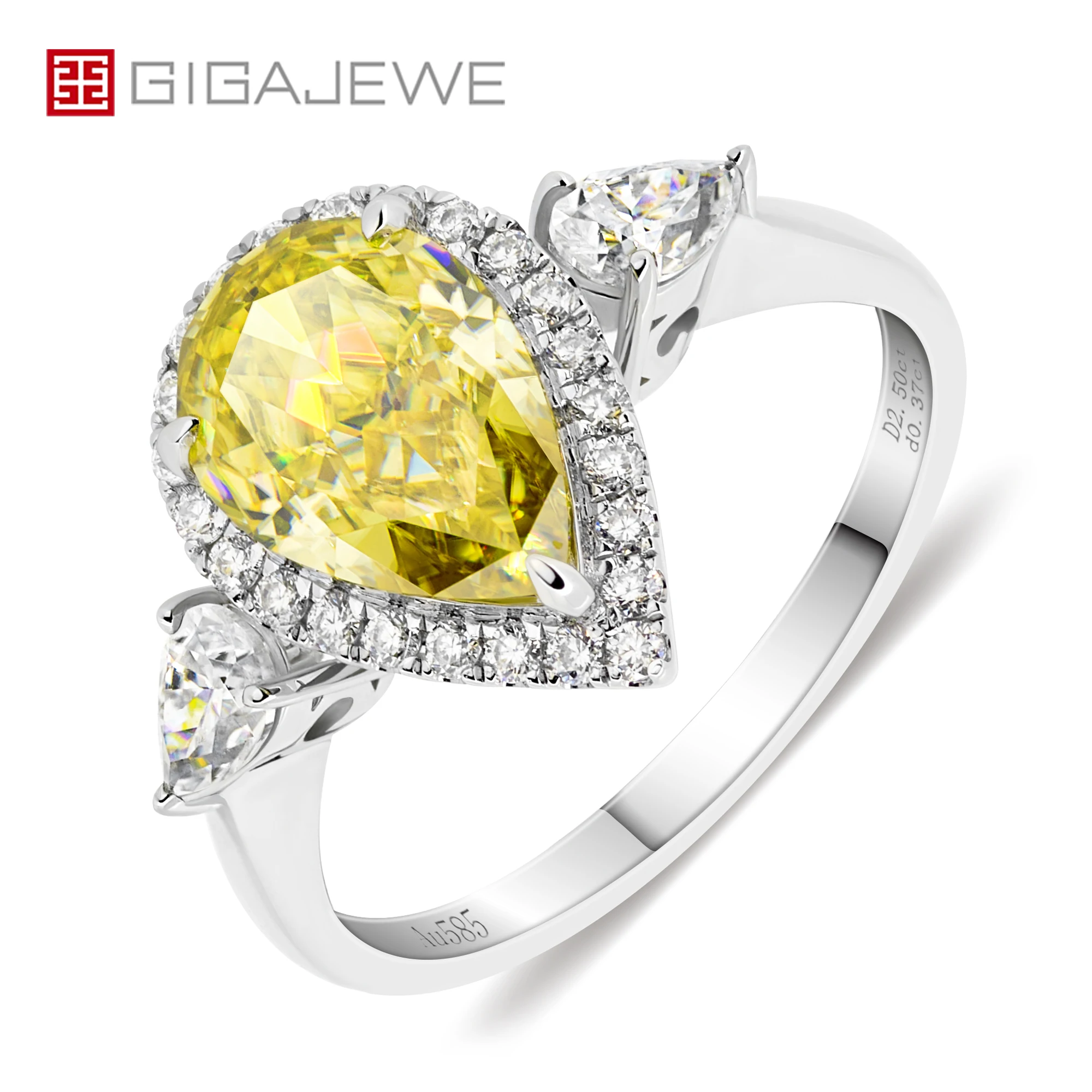 

GIGAJEWE 2.5ct 7x10.5mm Vivid Yellow Color Moissanite VVS1 Crushed Ice Pear Cut 18K White Gold Customized Ring Girl Women Gift