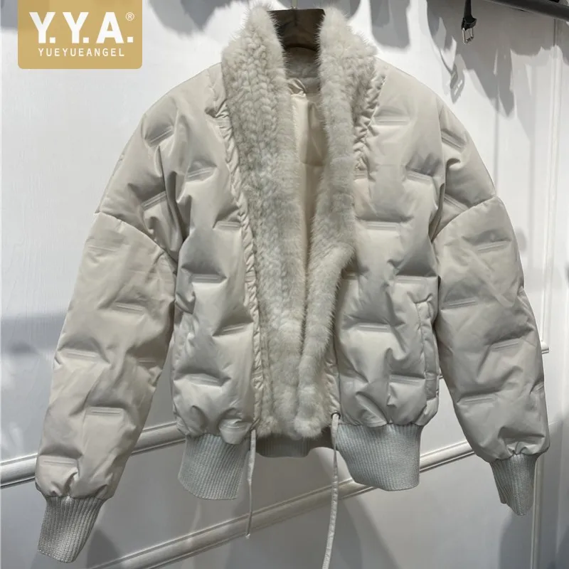 Fashion Warm White Duck Down Jacket Women Luxury Patchwork Mink Fur Collar New Winter Outerwear Office Female Casual Short Coat