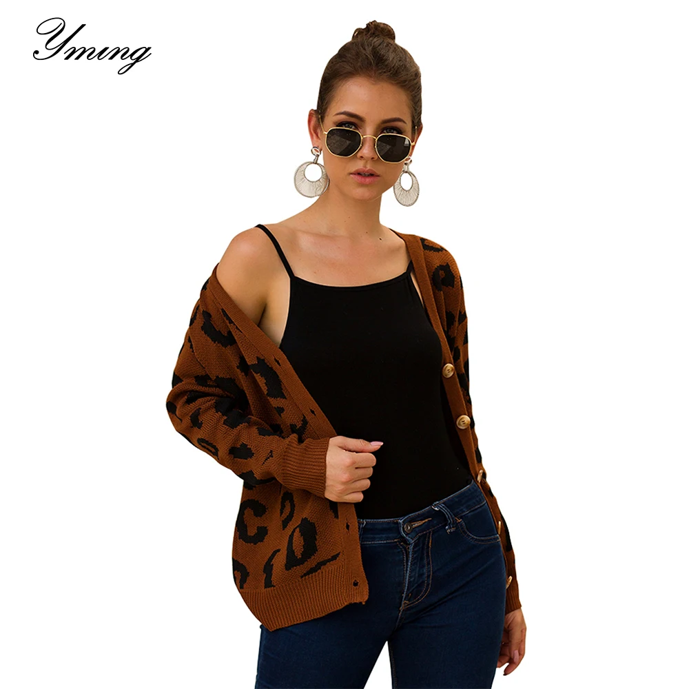 

YMING Women Leopard Print Cardigan Sweater Long Sleeve V-neck Female Loose Knit Sweaters Casual Autumn Winter Fashion Coats