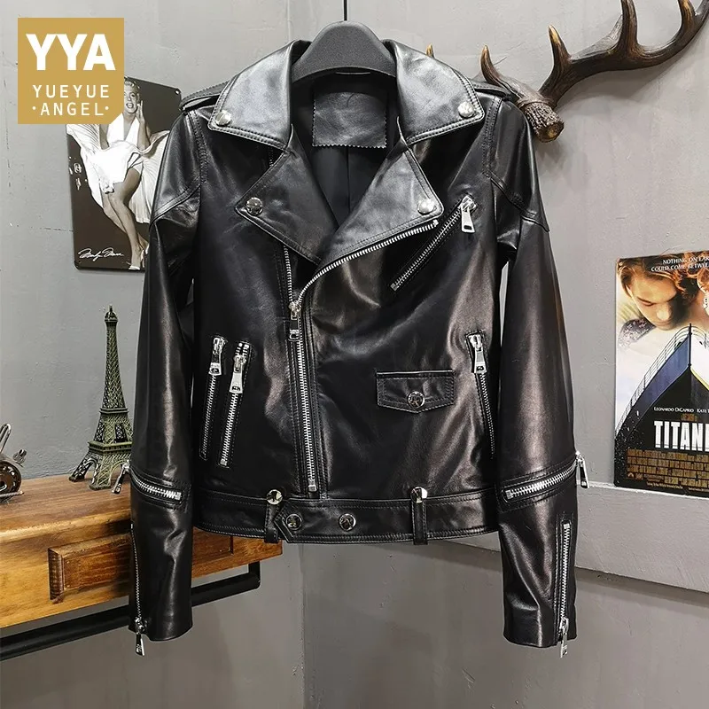 New Motorcycle Female Sheepskin Leather Jacket Women Short Zippers Punk Genuine Leather Jacket Rock Stage Outerwear Coats