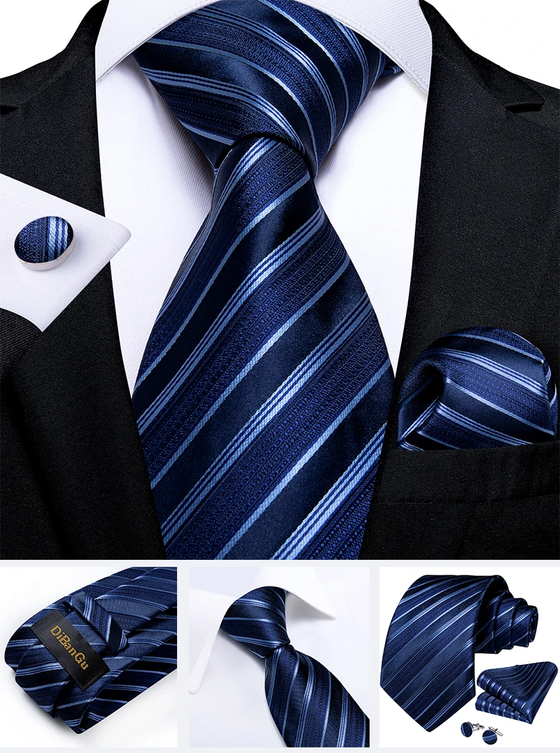 Klassische marineblaue Herrenkrawatte, gestreift, Paisley-Blumenmuster, Krawatten-Set mit Einstecktuch und Manschettenknöpfen, Business-Krawatten-Set, Geschenk für Männer – Detail 29