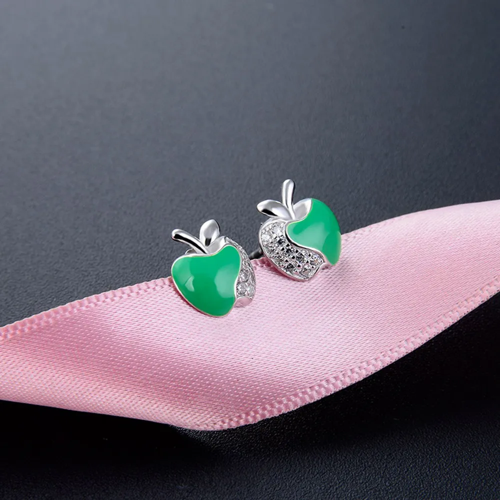 Fashion Temperament Girls' Ear Accessories S925 Silver Set Zircon Creative Personality Small Apple Earrings
