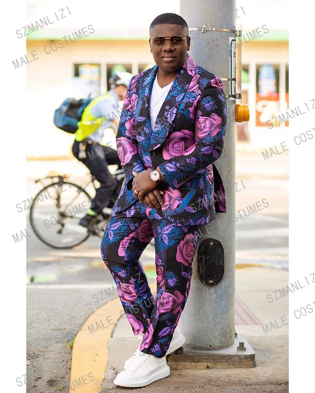 

Trajes De Hombre Men Suits With Pants 2022 Formal Wedding Dress Purple Floral 2 Pieces Set Groom Wedding Suits For Men Tuxedo