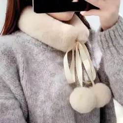 Beige Winter Fashion Korea Wool Ball Lady Faux Fox Furry Plush Scarf Grass Collar Fur Scarf Neck Warmer Gift Bufanda for Women