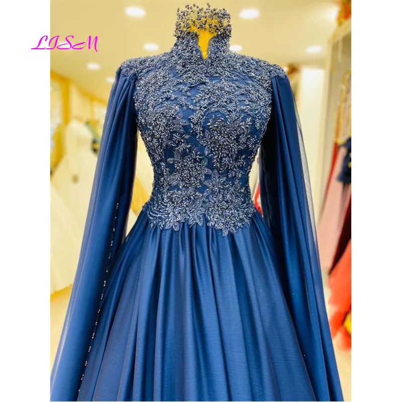 Elegant Chiffon Appliques Beaded Muslim Prom Dress 2021 Saudi Arabic Islamic Evening Formal Party Ball Gowns with Cape