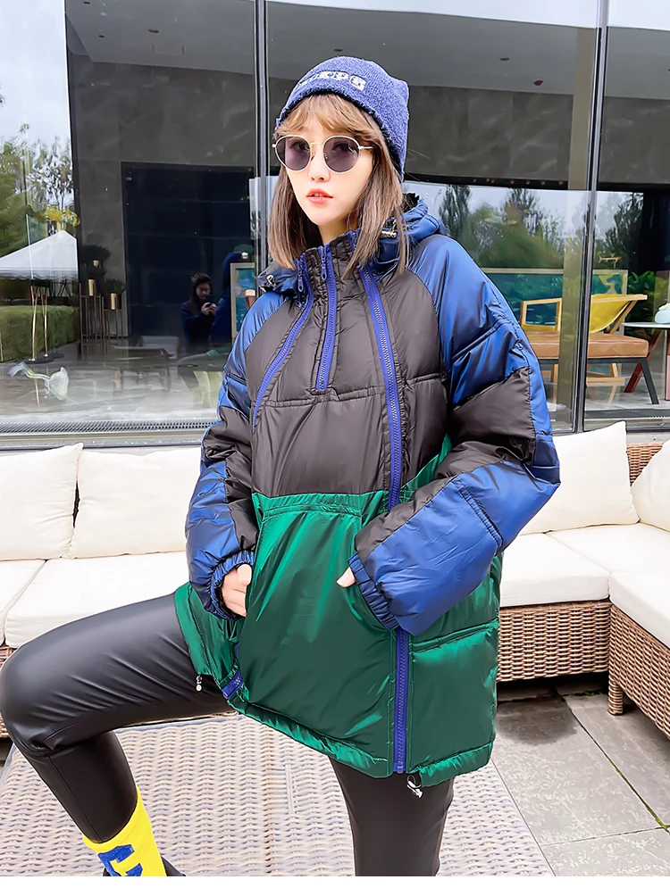 

Fashion Contrast Color Design Cotton-Padded Jacket Women 2023 New Winter Coat Zipper Cotton Clothing Loose Korean Outwear Large