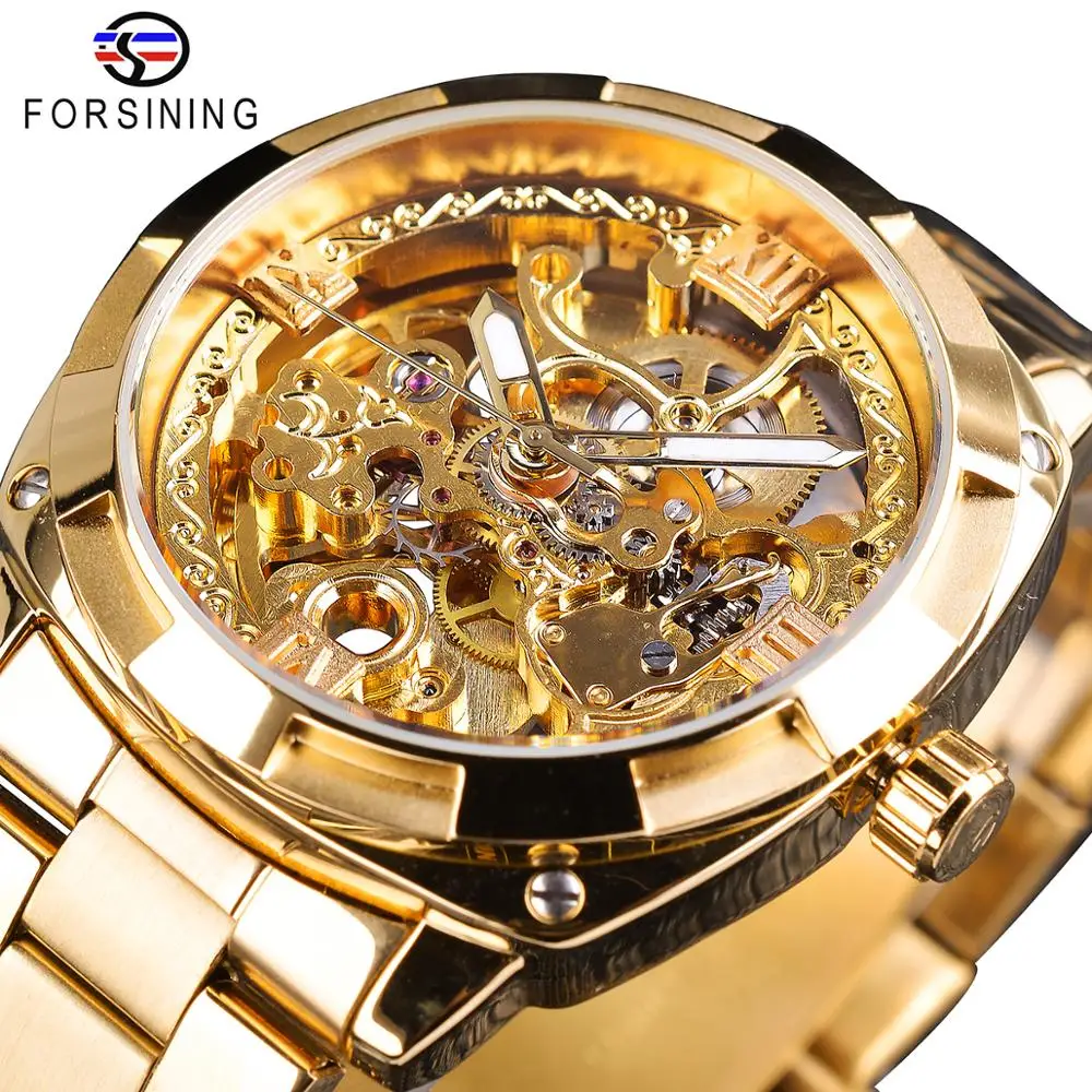 

Forsining 2018 Fashion Retro Men's Automatic Mechanical Watch Top Brand Luxury Full Golden Design Luminous Hands Skeleton Clock