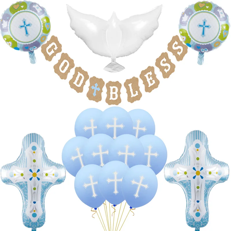 God Bless Balloons Banner Jesus Cross Ballons Baby Shower Boy Girl First Holy Communion Party Easter Baptism Forked Christening