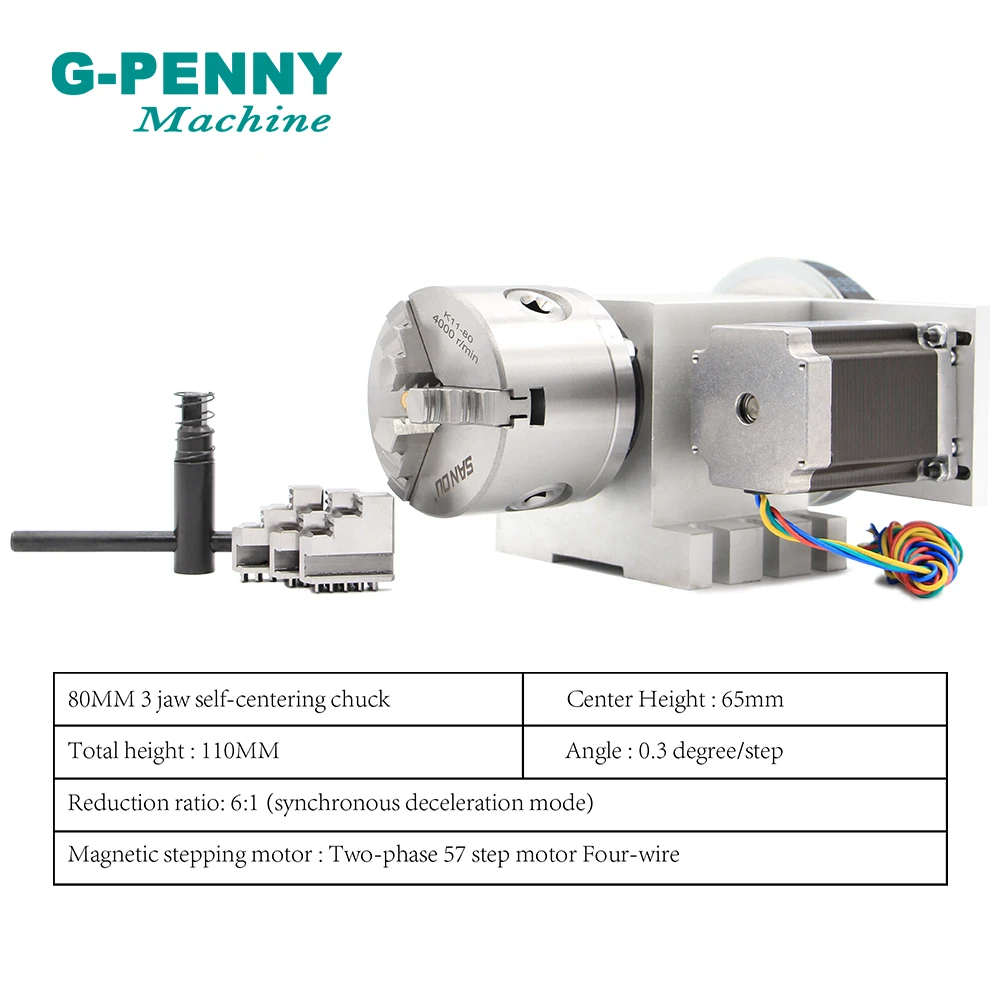 3 Jaw 80mm chunk 4th Axis A axis Ratory Axis with nema23 motor  Tailstock dividing head Rotation 6:1  for  CNC router engraving