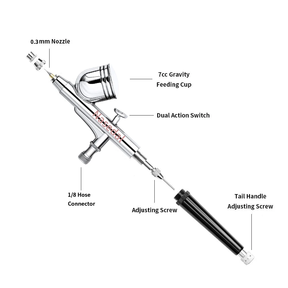 Nasedal 0.3MM 7CC Dual-Action Airbrush with Box Gravity Spray Gun Air Hose for Art Cake Nail Model Paint Spraying Hobby