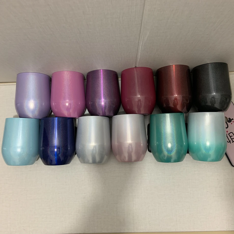 

12oz Wine tumbler glittering cup egg shaped glitter glass shimmering mug 18/8 stainless steel insulated vacuum