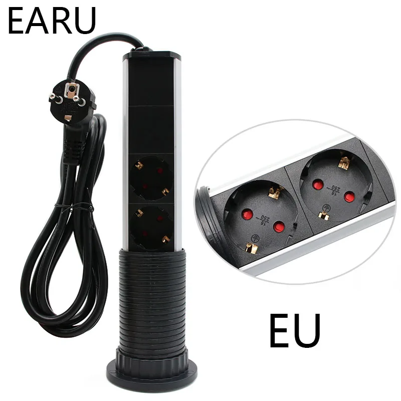220V 16A PULL POP UP Electrical 3 Plug Socket 2 USB Kitchen Table Plug Sockets Retractable for Countertops Worktop UK/EU/US Plug