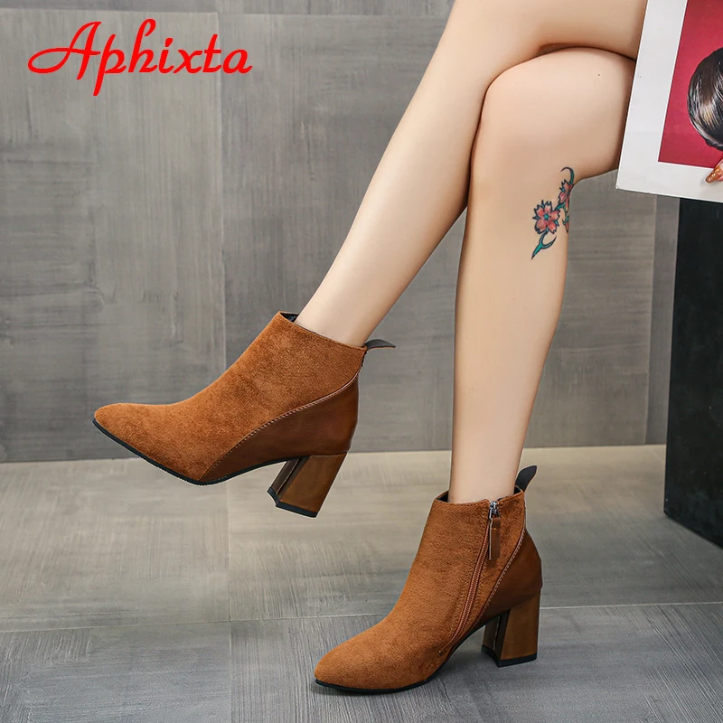 Aphixta 2022 New Mixed Color 6.5cm Square Heels Ankle Boots Women Ins Fashion Zipper Pointd Toe Big Size 44 Shoes Boots