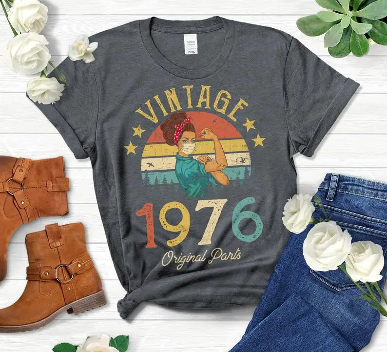 Vintage 1976 45th Birthday Gift Original Vintage Masked Quarantine Shirt Interesting Idea Woman Mother Wife Friends 100% Cotton