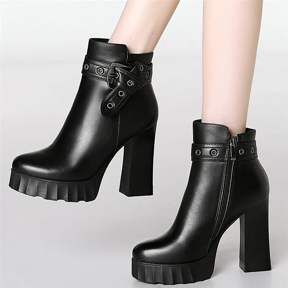 

Goth Buckle Ankle Boots Women Genuine Leather High Heel Motorcycle Boots Female High Top Round Toe Chunky Platform Pumps Shoes