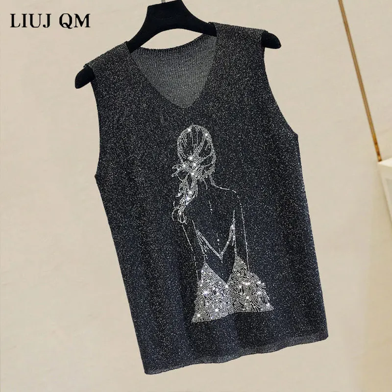 2024 Summer Tank Top Women Thin Bright Silk Knitted Shirt Women\'s Fashion Girl Rhinestones Sleeveless Vest Outwear Female Tops