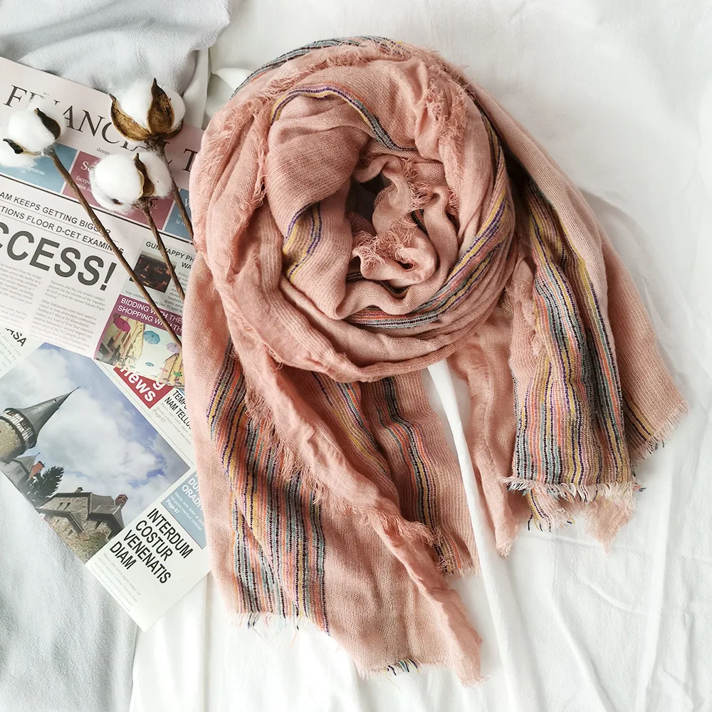 Bufanda acrílica de doble capa para mujer, chal largo cálido y elegante con rayas de colores, Color liso, a la moda, para invierno