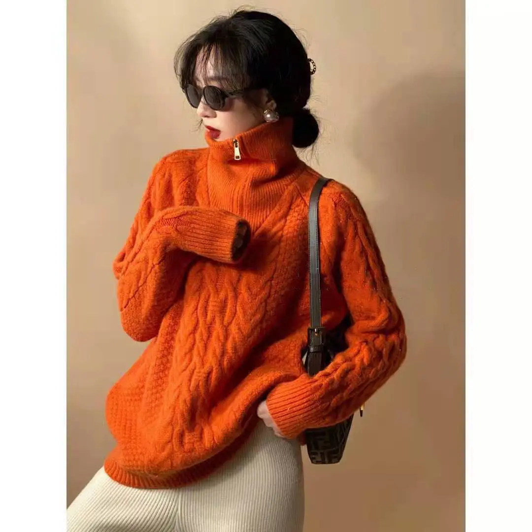 Autumn and Winter Orange Turtleneck Cashmere Sweater Loose Zipper Knitted Sweater Women\'s Casual Basic Pullover Top