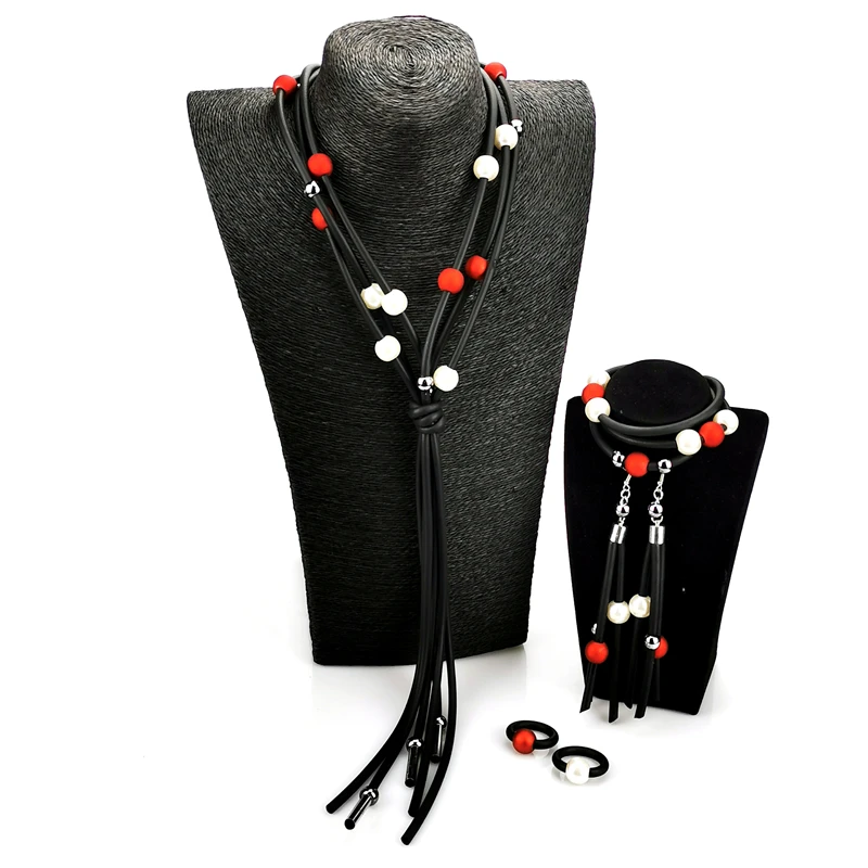 UKEBAY New Handmade Rubber Jewelry Set Pearl Necklace Women Pearl Bracelet Ring Sets Drop Earrings Wedding Jewelry Set Gifts image 2