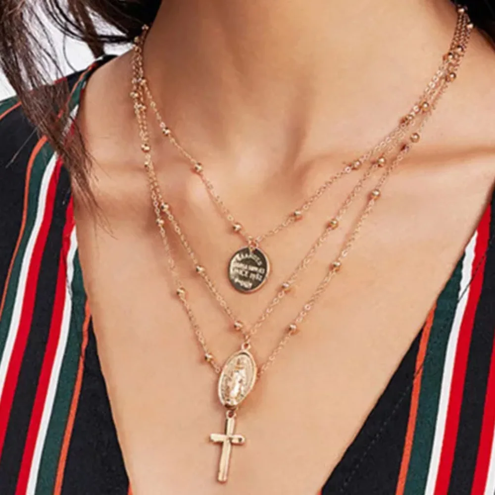 3 Styles Boho Mixed Golden Cross Notre Dame Rose Multi-layer Necklace Female Classic Fashion Jewelry Accessories Gift