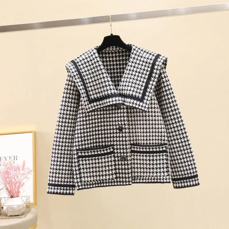 Sweater Jacket Female Autumn And Winter New 2023 Houndstooth Navy Collar Loose Mink Velvet Knitted Cardigan Fashion Casual