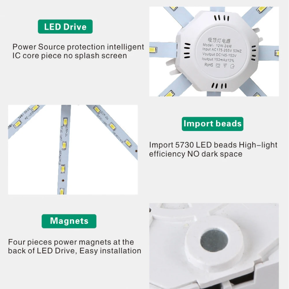 1Pcs 12W Ceiling Lamp LED Eight Claw Fish Circular Light Source Board Module Super Bright Household Energy-Saving Light Bar 220V