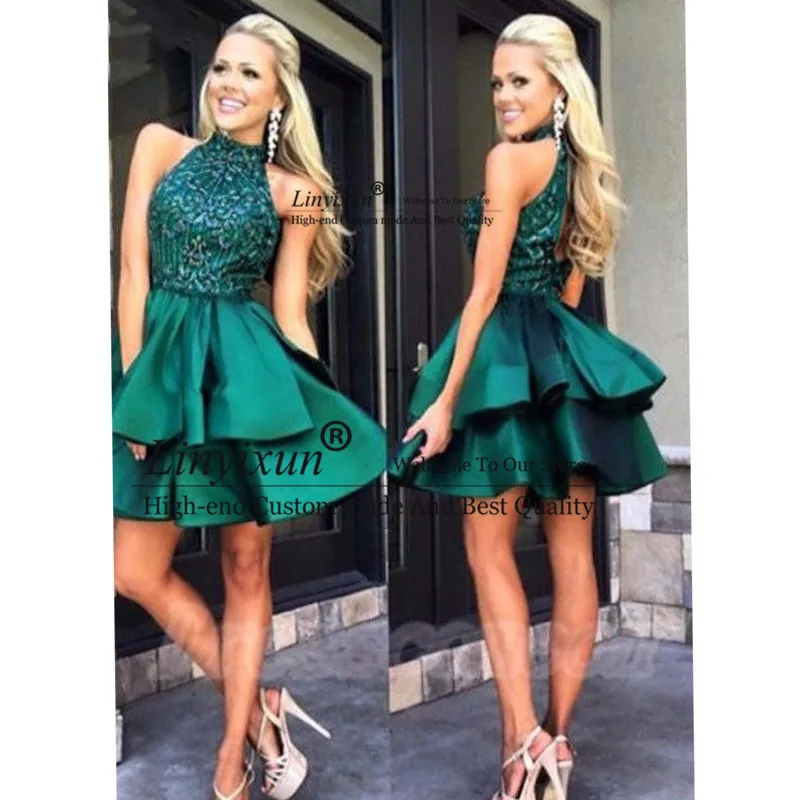 Esmeralda verde vestidos de baile lantejoulas rendas gola alta sem costas plissado a linha acima mini ilusão vestidos de cocktail elegantes