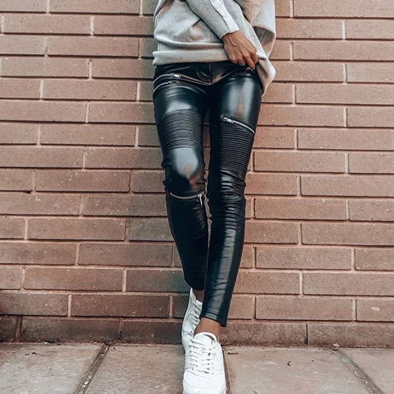 Winter Warm Leather Pants With Fleece Lined Black Color Low Waist Faux Leather Trouser For Women