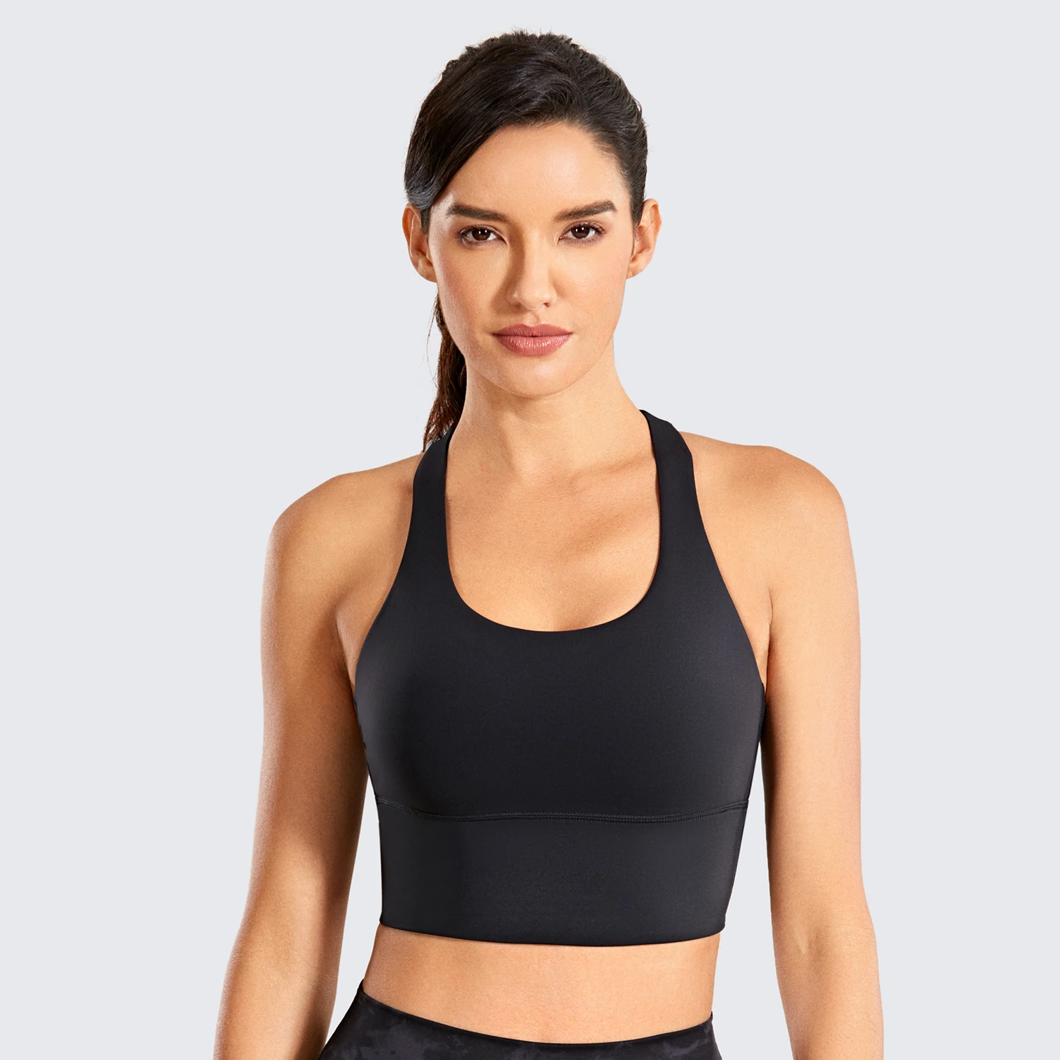 SYROKAN Women Black Yoga Bras Longline Strappy Sports Bras Wirefree Padded Tops Fitness