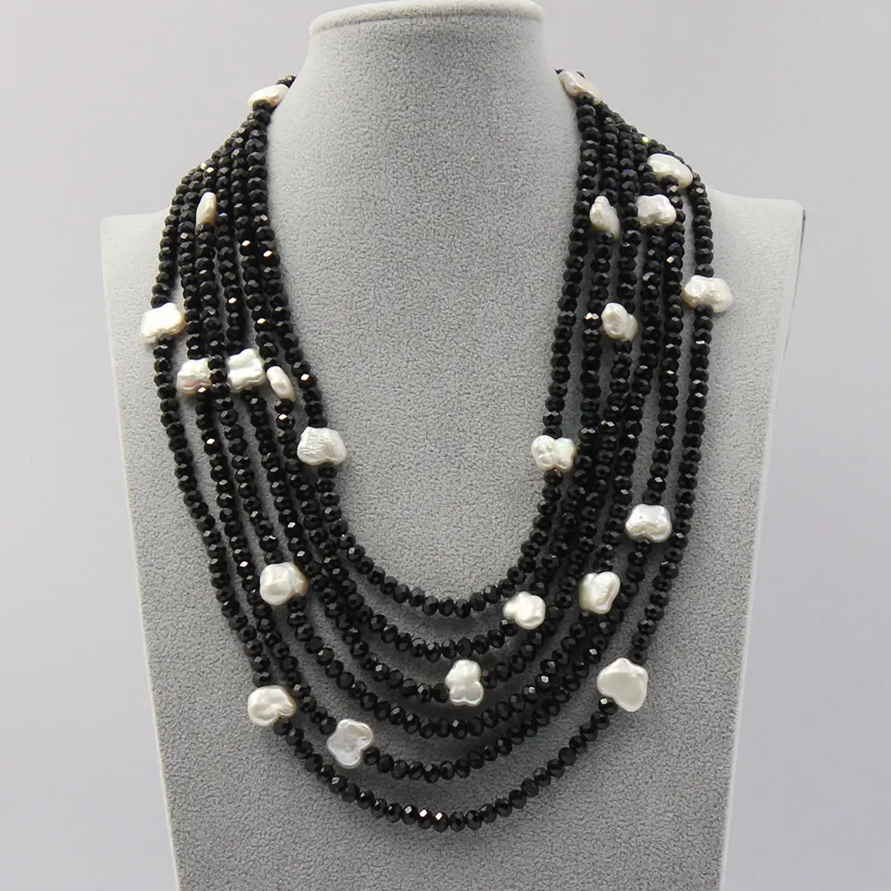 GG 6 Strands Natural White Keshi Pearl Black Faceted Crystal Necklace Handmade Multi Strands Necklace Fashion Jewelry