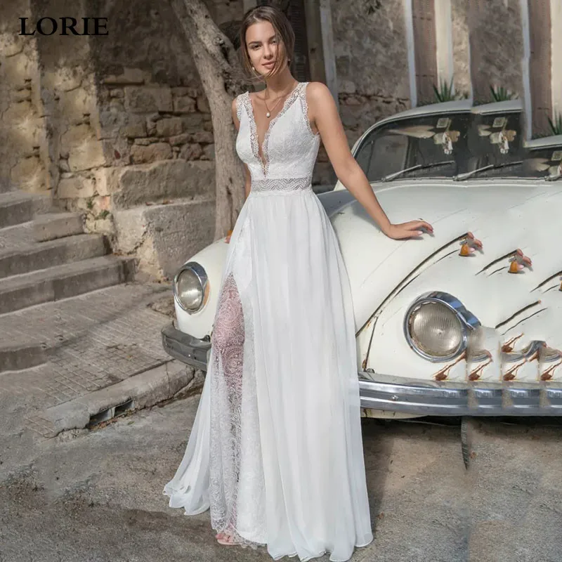 

LORIE Chiffon Bohe Wedding Dress Sexy V Neck Vestido de noiva Bride Dresses Split 2021 Bridal Gown Floor Length robe de soiree