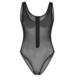 TiaoBug Black See Through Sheer Mesh Lingerie Swimsuit Sleeveless High Cut Teddies Plus Size Women Sexy Bodysuit Underwear