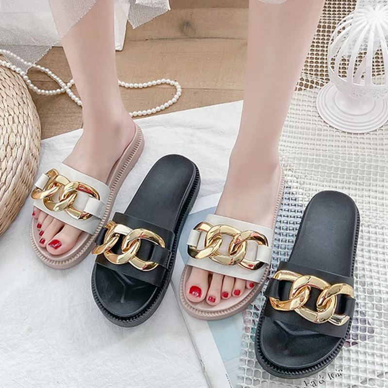 Slippers Casual Rivet Rubber Flip Flops Female Shoes Slides Low Luxury Hawaiian Soft 2021 Flat PU Fashion Basic Metal Decoration