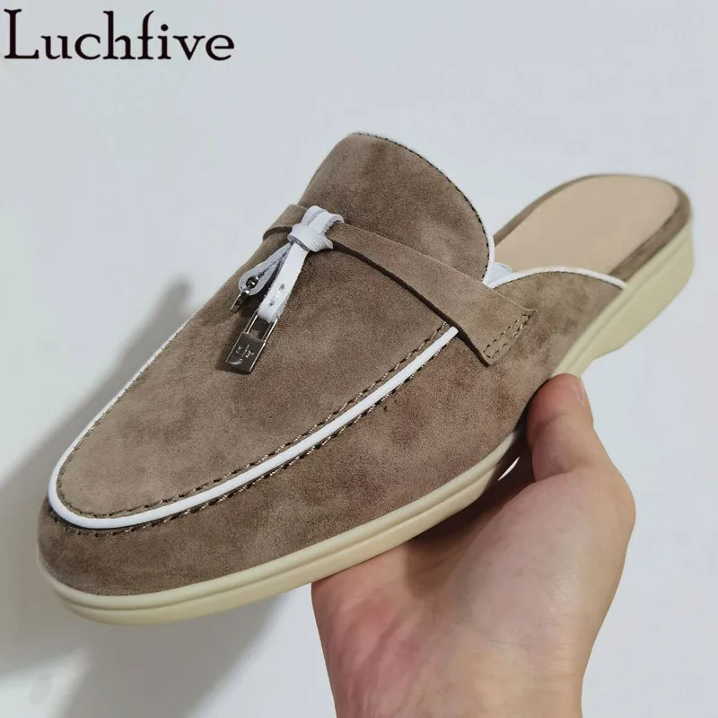 

New Quality Half Wrap toe flat Slippers Woman kid Suede Leather Loafers Round Toe Metal Fringed Slip On Casual Shoes Mujer