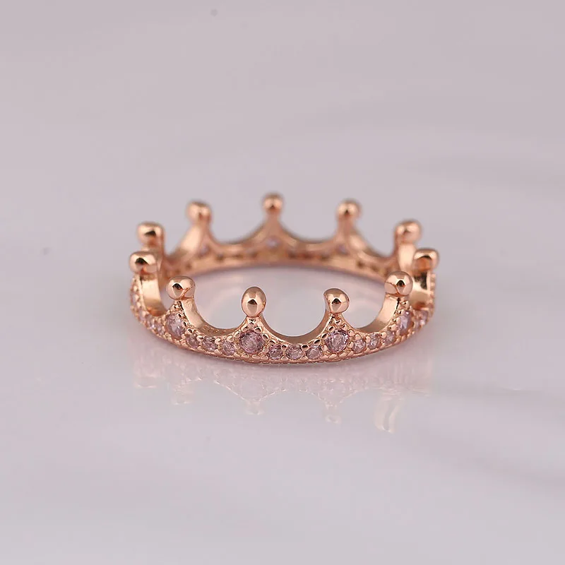 925 Sterling Silver pan Ring Rose Golden Shinning Enchanted Crown Rings Stack For Women Wedding Party Gift Fine Jewelry