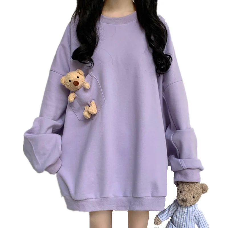 2024 Spring New Women Harajuku Kawaii Hoodie Soft Pullover Sweatshirt With Pocket Plush Bear Solid Outwear Oversize Casual Hoody