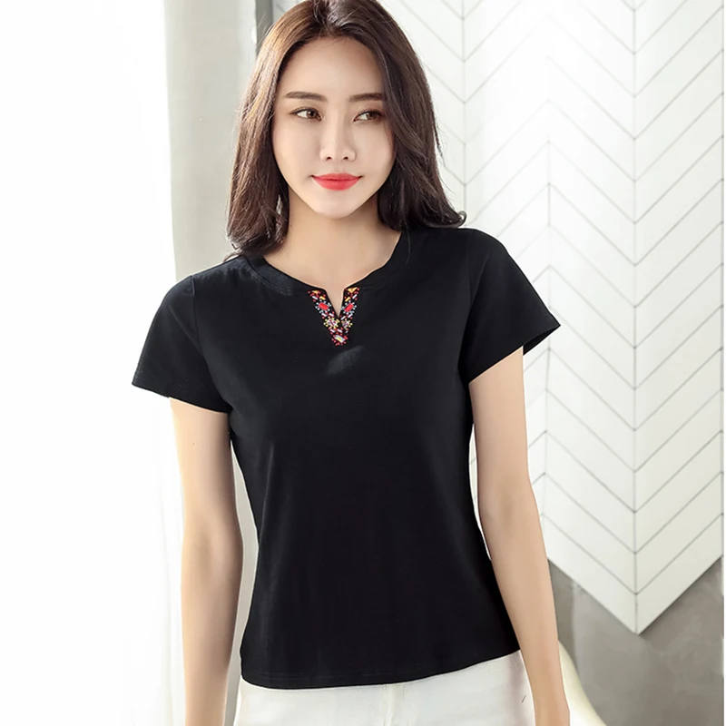 Tee Shirt Femme Embroidery Floral V-Neck Short Sleeve T Shirt Women Summer Tops Cotton Tshirt Korean Clothes T-Shirt Female