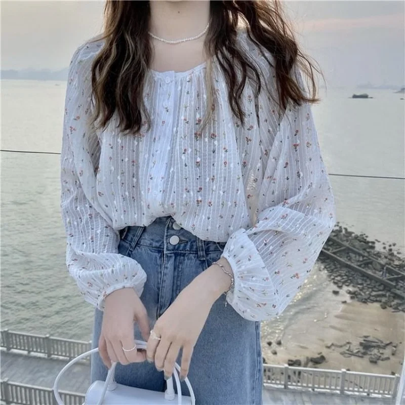 Blusa feminina floral simples gola redonda, camiseta feminina retalhos doces tender elegante manga lanterna ulzzang fada retrô