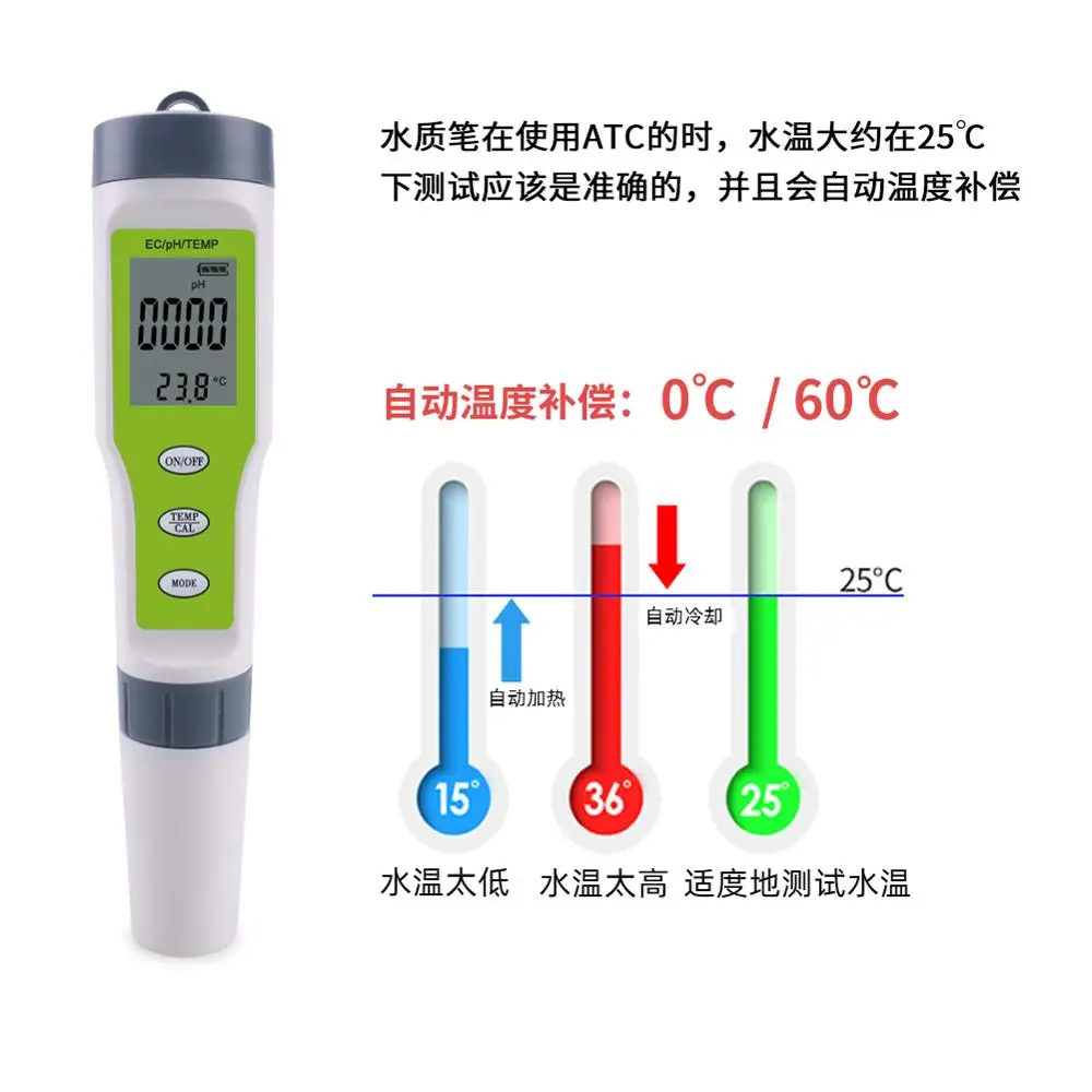 Stylo de Test Portable 3 en 1 Ph/ec/temp, testeur de qualité de l'eau, pour piscine, maison