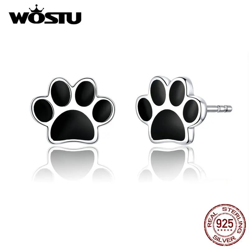 WOSTU Fashion 925 Sterling Silver Paw Dog Footprint Black Stud Earrings For Women Blue Small Earrings Silver 925 Jewelry DXE757