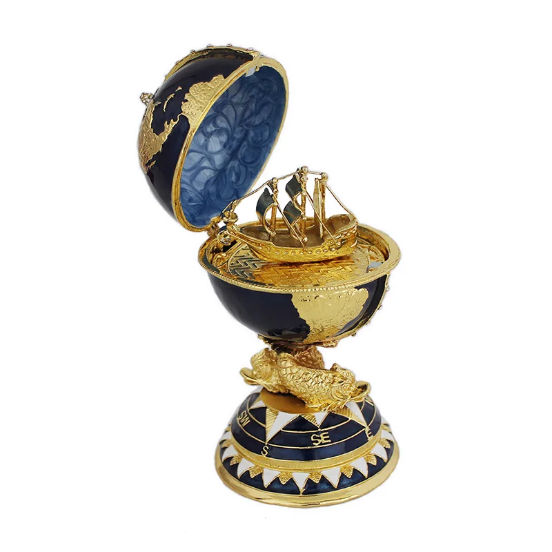 Yaffil Blue and Gold Enamel Globe Egg-shaped Table Decoration, High-quality Practical Jewelry Box with Earth Design