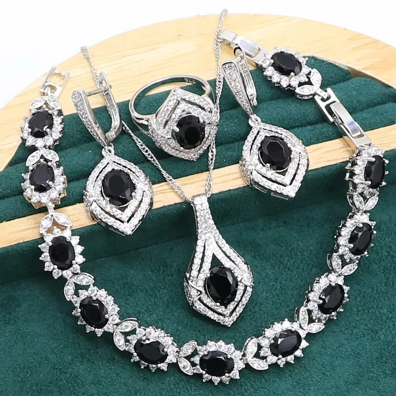 Black Sapphire 925 Silver Jewelry set for Women Wedding Bracelet Earrings Necklace pendant Ring Birthday Gift