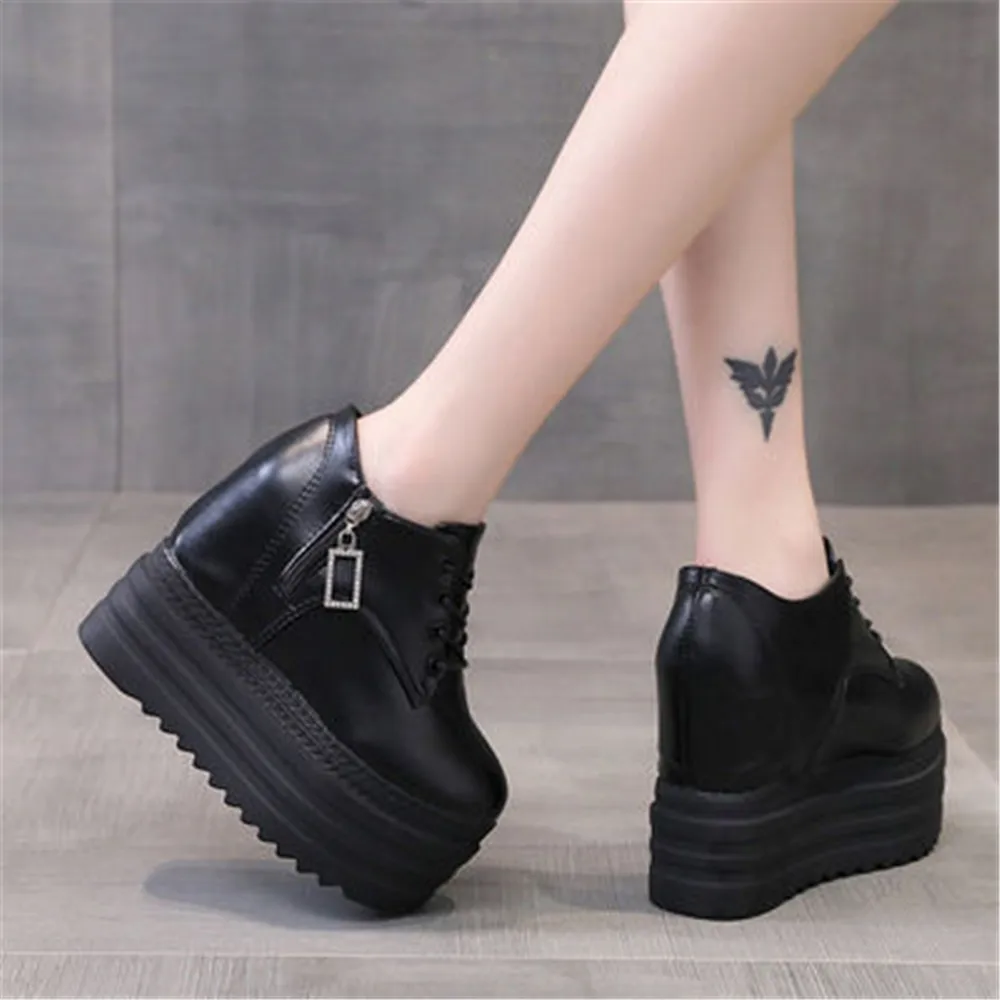 12 CM Woman Shoes Casual Elevator Wedge Platform Sneakers Female High Tops Hidden Heels Trainers Zapatillas Mujer EU 34-39 Black