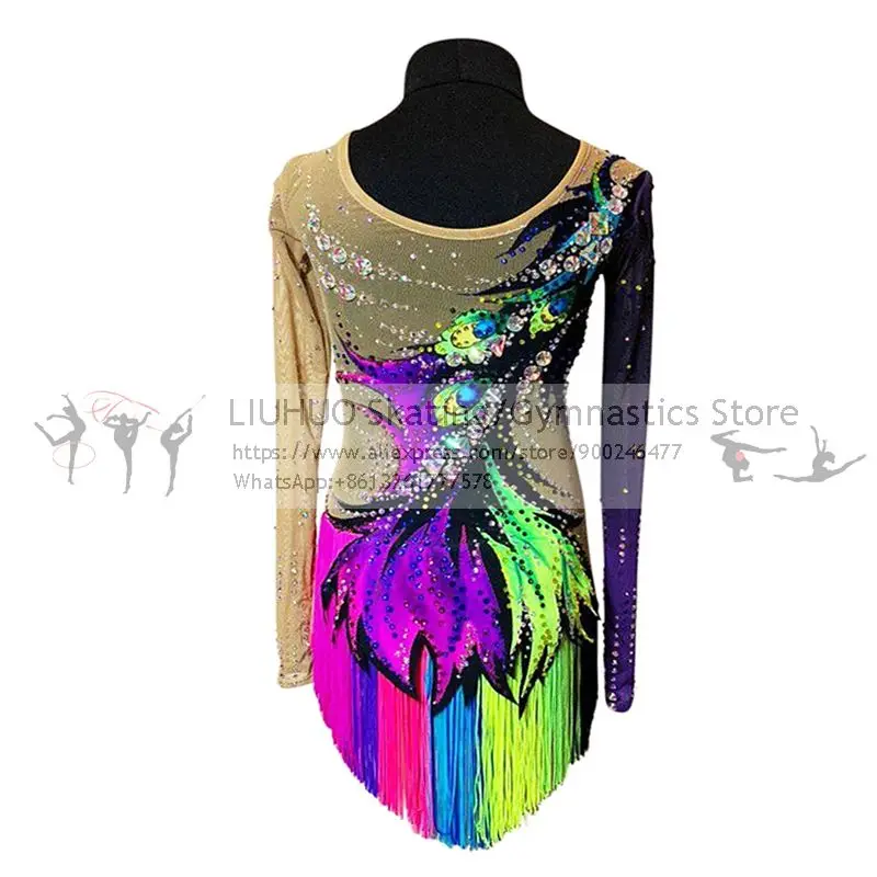 LIUHUO Figure Skating Dress Women's Girls Colorful Tassels Rhythmic Competition Unitard Ballet Dance Leotard Artistic Costume