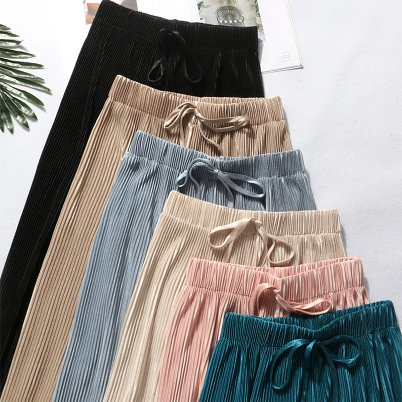 Summer Wide Leg Pants For Women Casual Elastic High Waist 2023 New Hipster Fashion Loose Long Pants Pleated Pant Trousers Femme