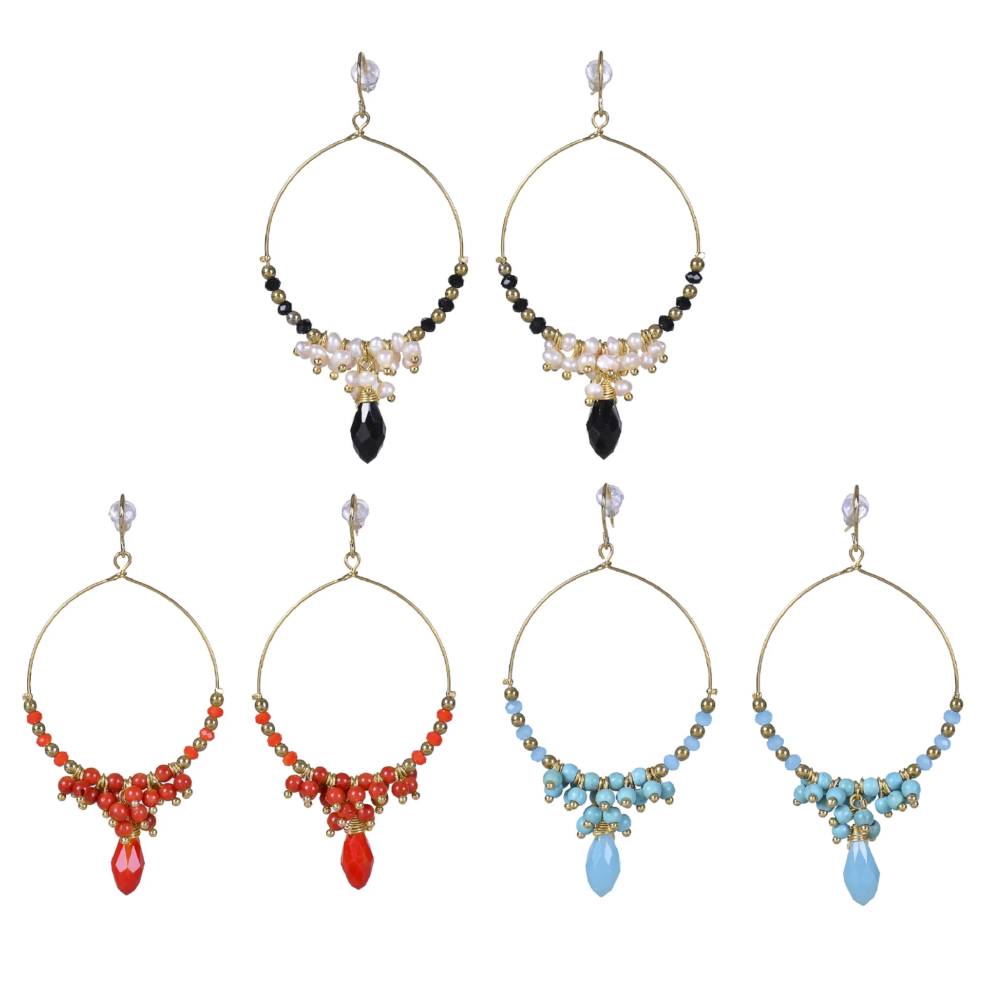 Popular Jewelry Women's Gift High Quality Freshwater Pearl Blue Turquoise Red Coral Stone Plated 18k Gold Bohemian Earrings