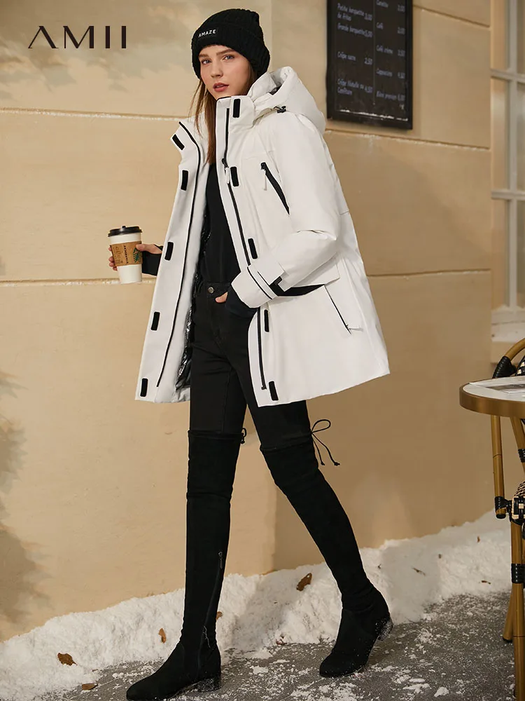 Amii Minimalism Winter Down Coat For Women Fashion 90% White Duck Down Jackets Hooded Contrast Down Jackets Overcoat 12170392