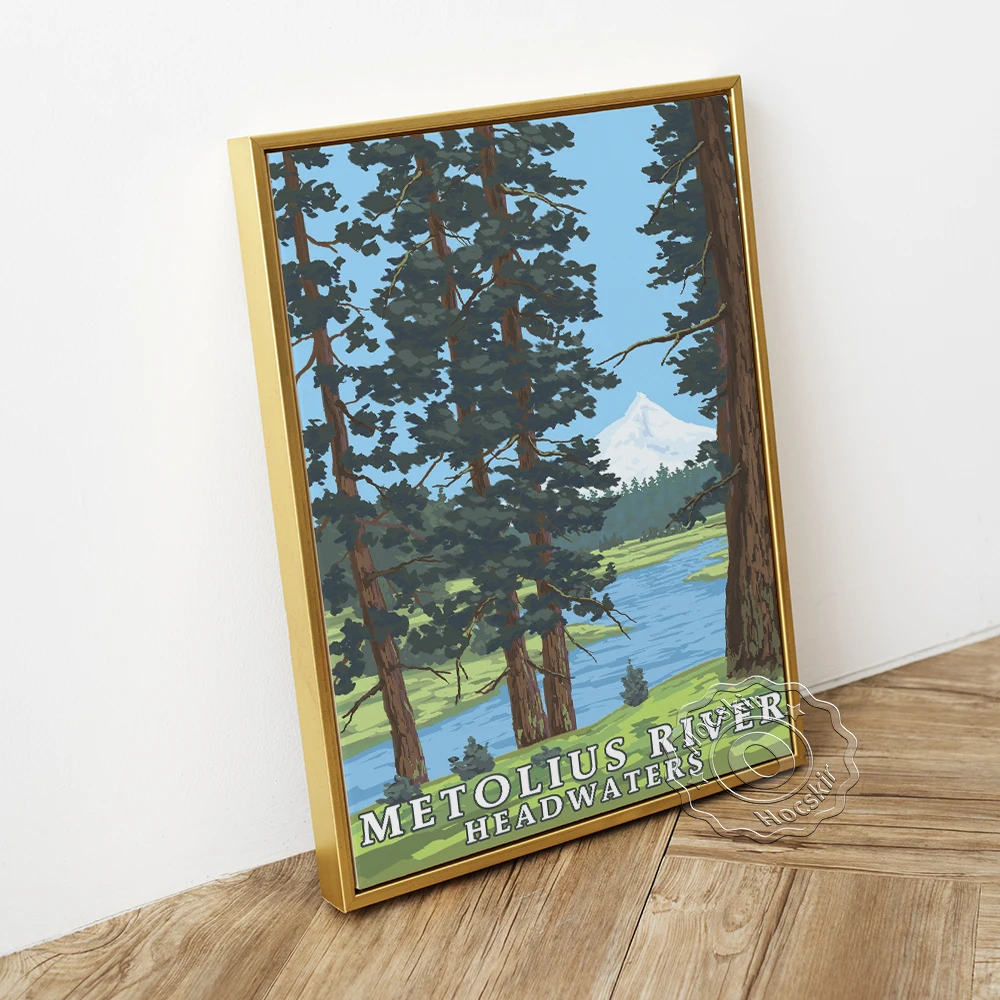 America Oregon Travel Scenic Spot Poster, Metolius River Headwaters Scenery Publicity Canvas Painting, Modern Landscape Wall Art